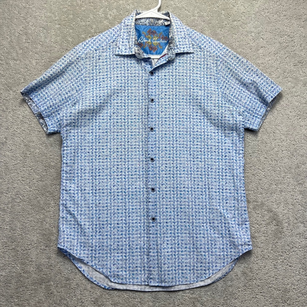 Robert Graham Shirt Sz XS Blue Geometric Mosaic Short Sleeve Button Down Cotton